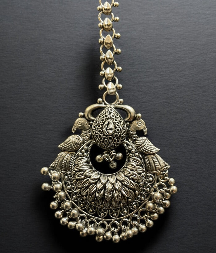 The Mayuraka Silver Peacock Maang Tikka (Oxidised)