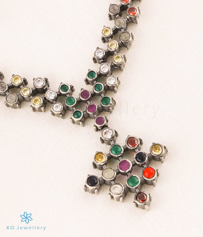The Ruchika Silver Navratna Necklace (Oxidised)