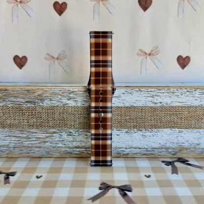 Toffee Tartan brown, tan and cream plaid silicone band for Samsung Galaxy Watch from Fancy Bands