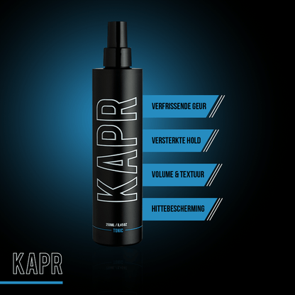 KAPR Tonic met tekst: verfrissende geur, natuurlijke glans, verzorgend effect.