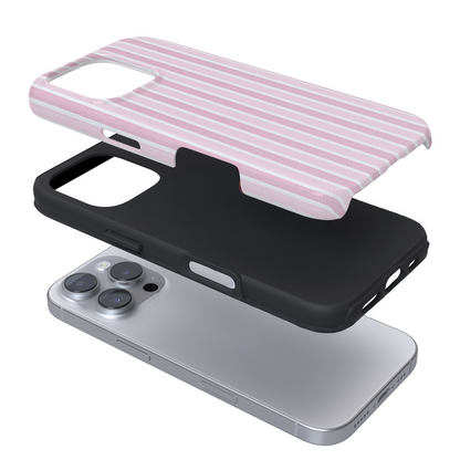 Expanded Phone case with pink and white striped design on a white background