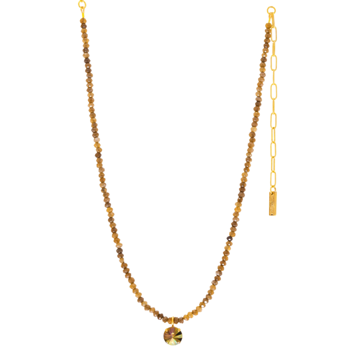 Necklace with brown beads and gold chain on a white background