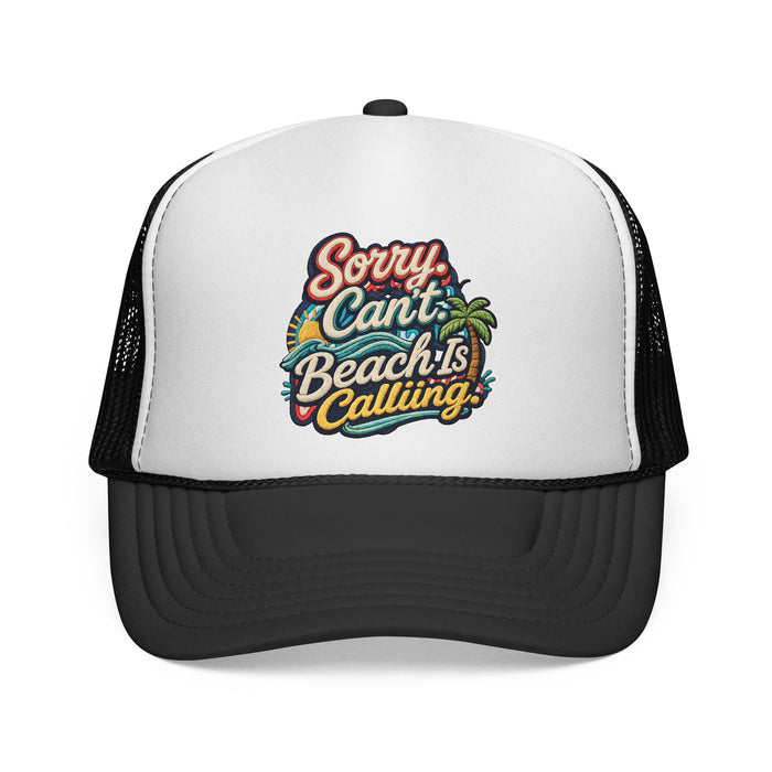 Trucker Cap — "Sorry Can't, Beach Is Calling" Retro Surf Patch