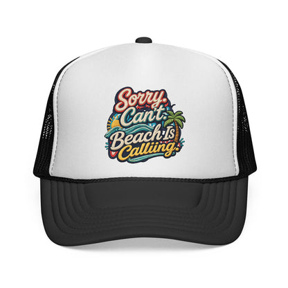 Trucker Cap — "Sorry Can't, Beach Is Calling" Retro Surf Patch