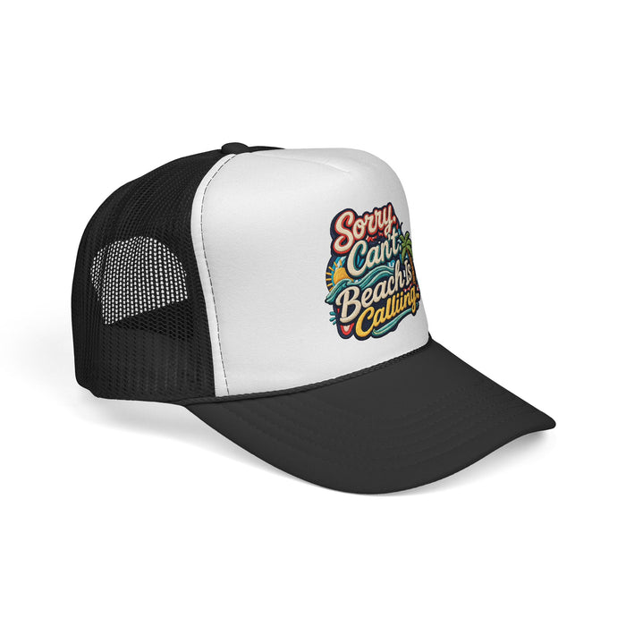 Trucker Cap — "Sorry Can't, Beach Is Calling" Retro Surf Patch
