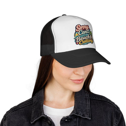 Trucker Cap — "Sorry Can't, Beach Is Calling" Retro Surf Patch
