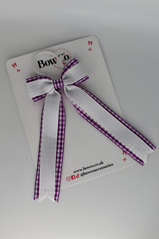 Tuxedo Tail Bow - School Bow Purple and White Gingham - Elastic
