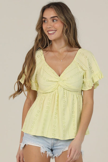 Twist Front Eyelet Embroidered Blouse