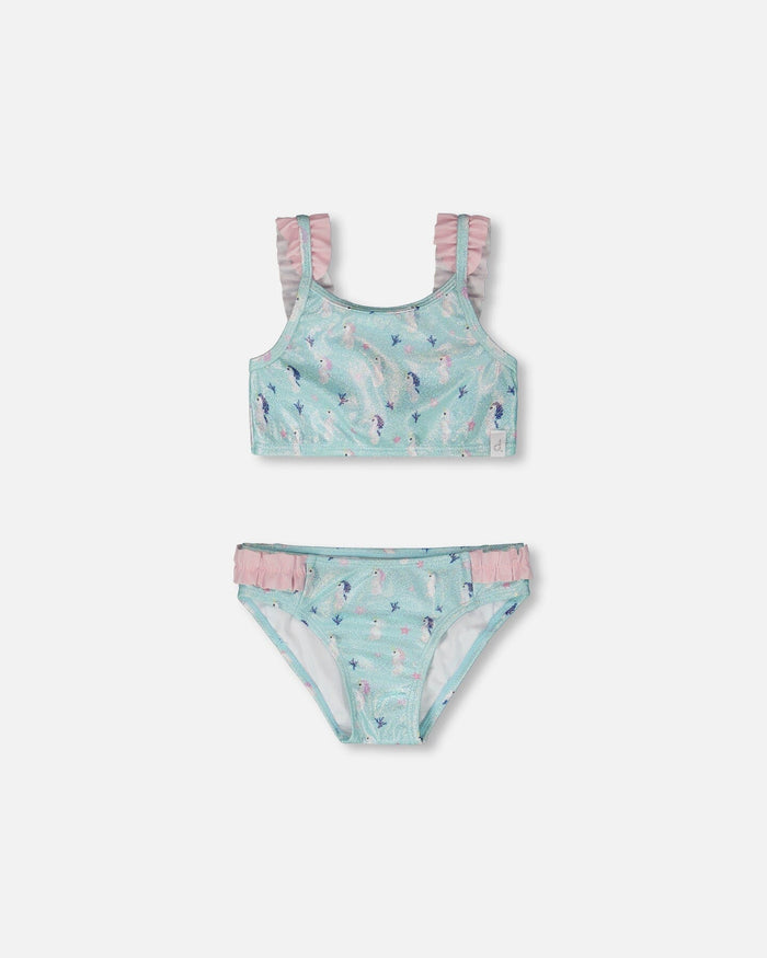 Deux par Deux girls Blue/Pink seahorse two-piece swimsuit with frilled straps and matching bottoms.