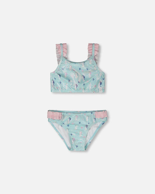 Deux par Deux girls Blue/Pink seahorse two-piece swimsuit with frilled straps and matching bottoms.