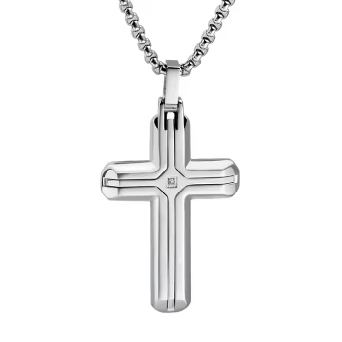 Vireo Stainless Steel Small Cross Pendant with CZ Inlay