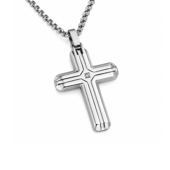 Vireo Stainless Steel Small Cross Pendant with CZ Inlay