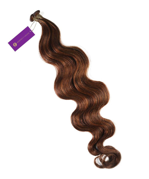 A bundle of Perfect Locks Wavy Hybrid Weft Hair Extensions in Natural Black  with a purple tag and smooth, loose waves.#color_highlighted-brown-auburn-(30/31/33)
