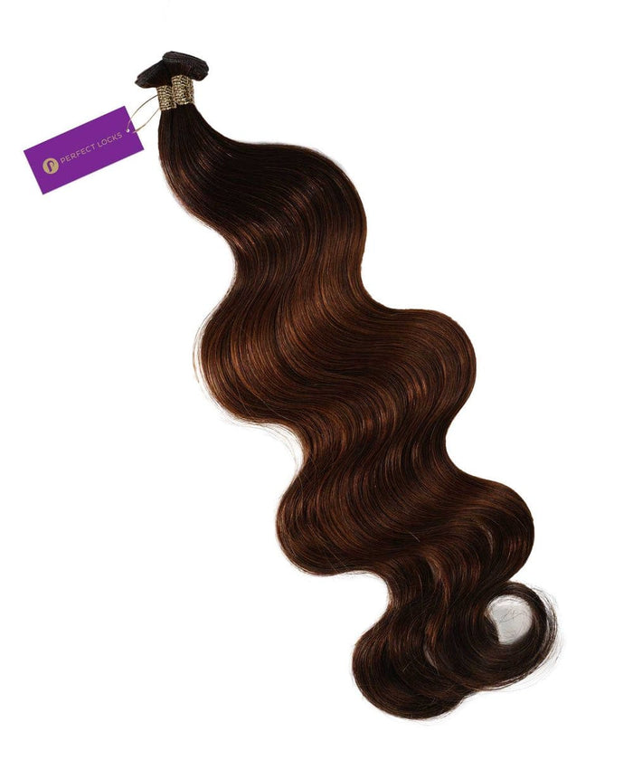 Perfect Locks Wavy Hybrid Weft Hair Extensions in Natural Black  with shiny, wavy Remy hair and gold band, purple tag.#color_rooted-chocolate-golden-brown-(2/6)
