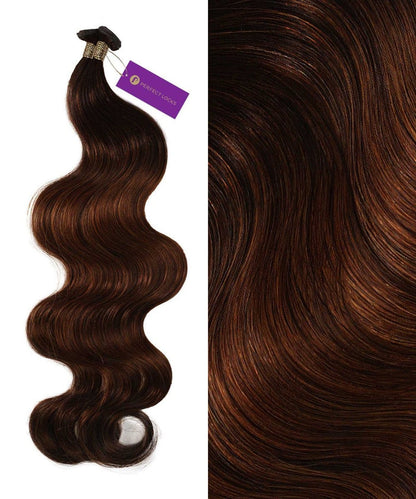 On the left, Perfect Locks Wavy Hybrid Weft Hair Extensions in Chocolate Brown  are shown. On the right, a close-up highlights the glossy, natural-looking texture and rich brown shade of these Remy human hair extensions.#color_rooted-chocolate-golden-brown-(2/6)