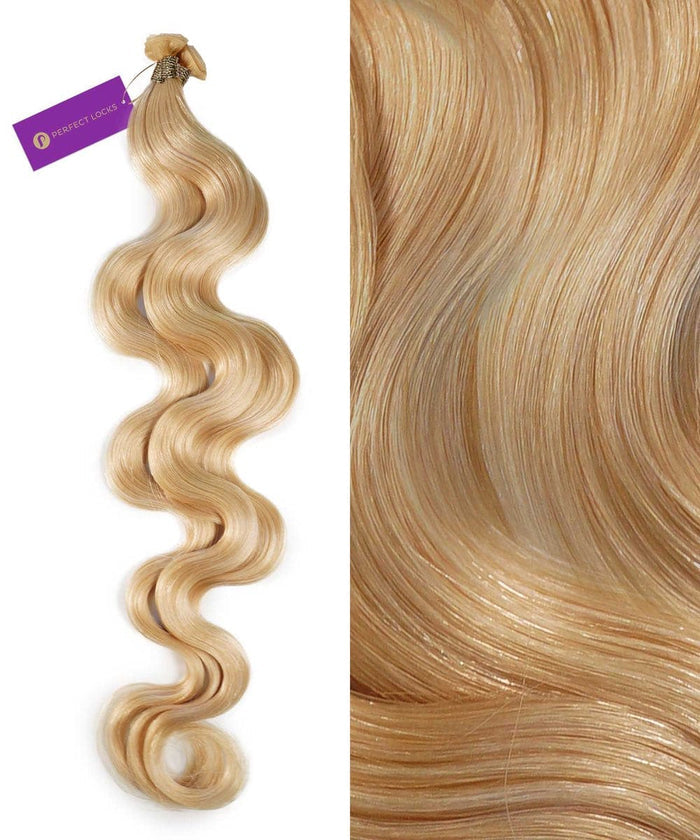 A bundle of Perfect Locks Wavy Hybrid Weft Hair Extensions in Golden Brown  on the left, with a close-up of the shiny texture on the right. A purple Perfect Locks tag is attached to the bundle.#color_platinum-blonde-(613)