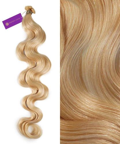 A bundle of Perfect Locks Wavy Hybrid Weft Hair Extensions in Golden Brown  on the left, with a close-up of the shiny texture on the right. A purple Perfect Locks tag is attached to the bundle.#color_platinum-blonde-(613)