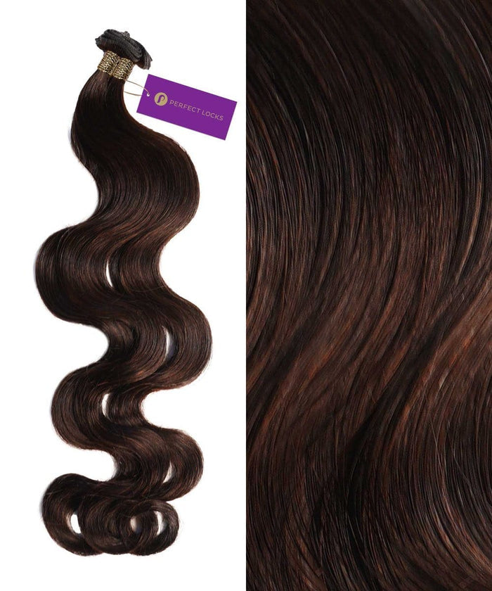 A bundle of Perfect Locks Wavy Hybrid Weft Hair Extensions in Honey Blonde  next to a close-up showing smooth, shiny texture and natural waves.#color_natural-black-(1B)