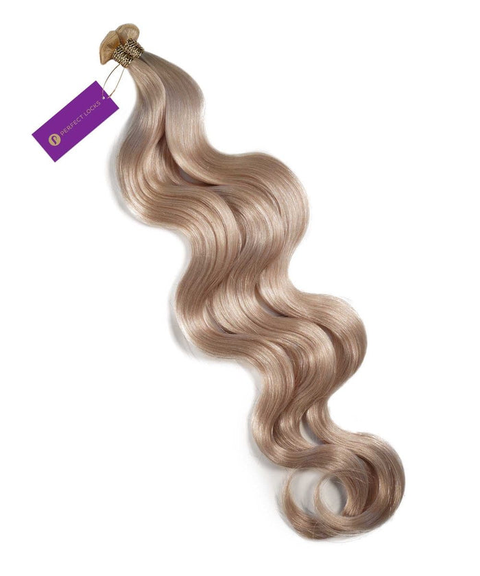 A bundle of Perfect Locks Wavy Hybrid Weft Hair Extensions in Honey Blonde  with a purple tag on a white background.#color_ice-blonde-(60S)