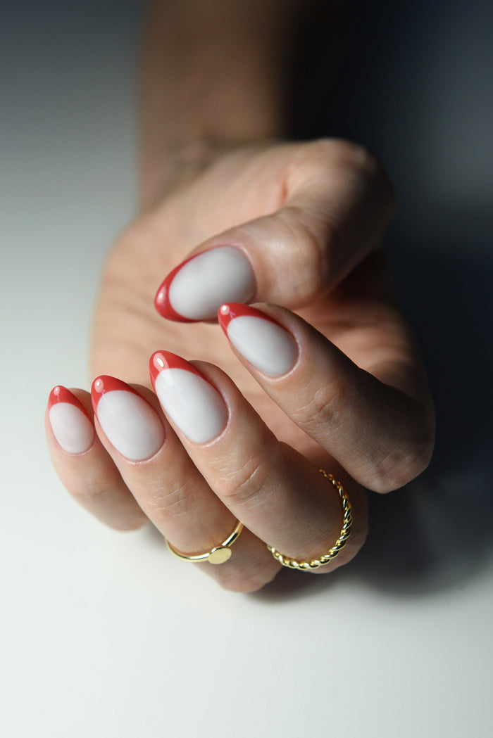 White & Red French Press-On Nails – Romantic Handmade Nail Set