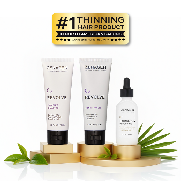 Zenagen Revolve Women's Densifying Kit featuring shampoo, conditioner, and hair serum for strengthened hair.