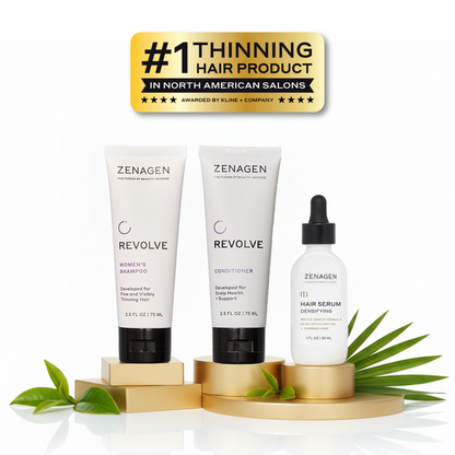 Zenagen Revolve Women's Densifying Kit featuring shampoo, conditioner, and hair serum for strengthened hair.